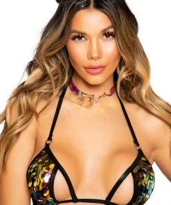 * Side Cutout Sequin Top In Black Iridescent