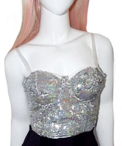 * Sequin Bustier In White/Holographic Silver What's New