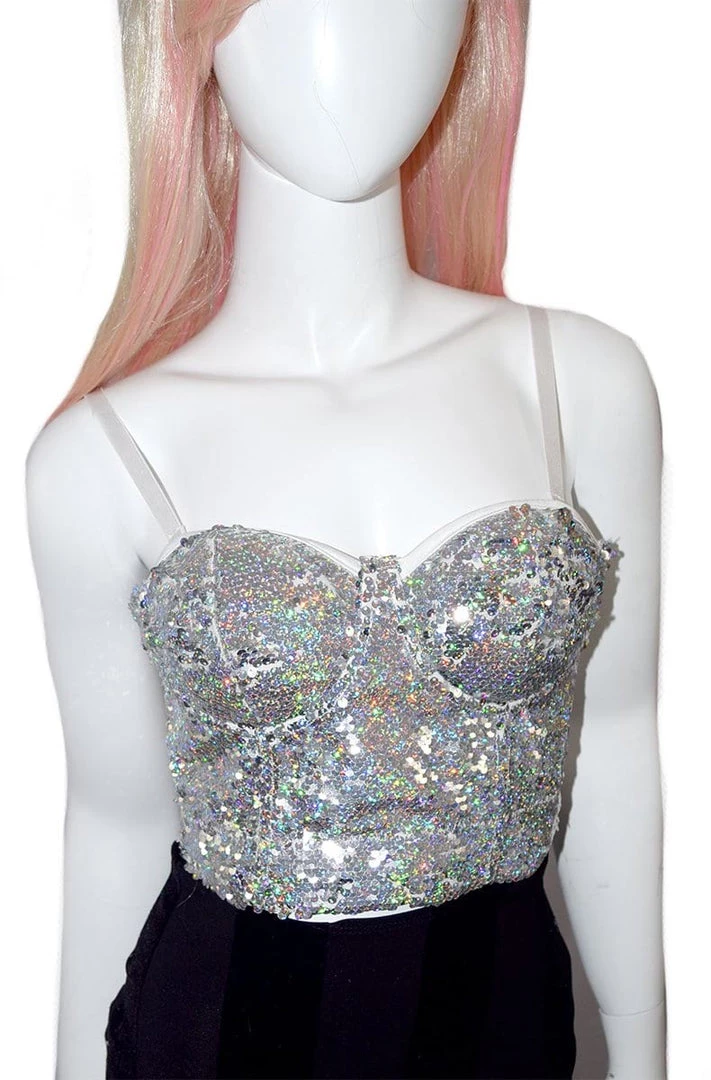 * Sequin Bustier In White/Holographic Silver What's New 1 * Sequin Bustier In White/Holographic Silver What's New
