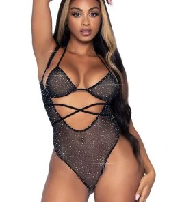 Leg Avenue What's New Black Rhinestone Bodysuit And Bikini Top