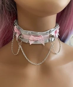 Mystic Treasure Grey And Pink Ribbon BDSM Collar