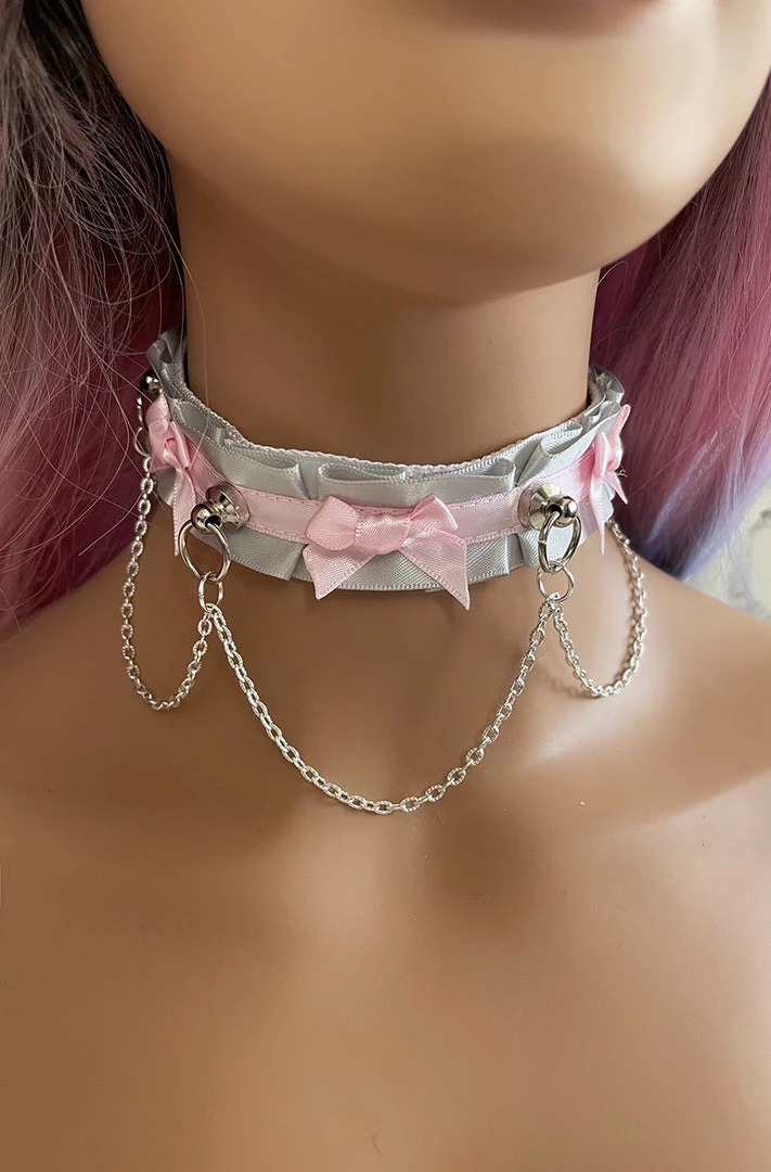 Mystic Treasure Grey And Pink Ribbon BDSM Collar 1 Mystic Treasure Grey And Pink Ribbon BDSM Collar