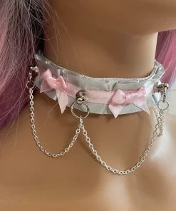 Mystic Treasure Grey And Pink Ribbon BDSM Collar 8 Mystic Treasure Grey And Pink Ribbon BDSM Collar