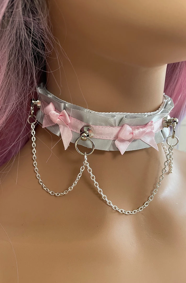 Mystic Treasure Grey And Pink Ribbon BDSM Collar 3 Mystic Treasure Grey And Pink Ribbon BDSM Collar