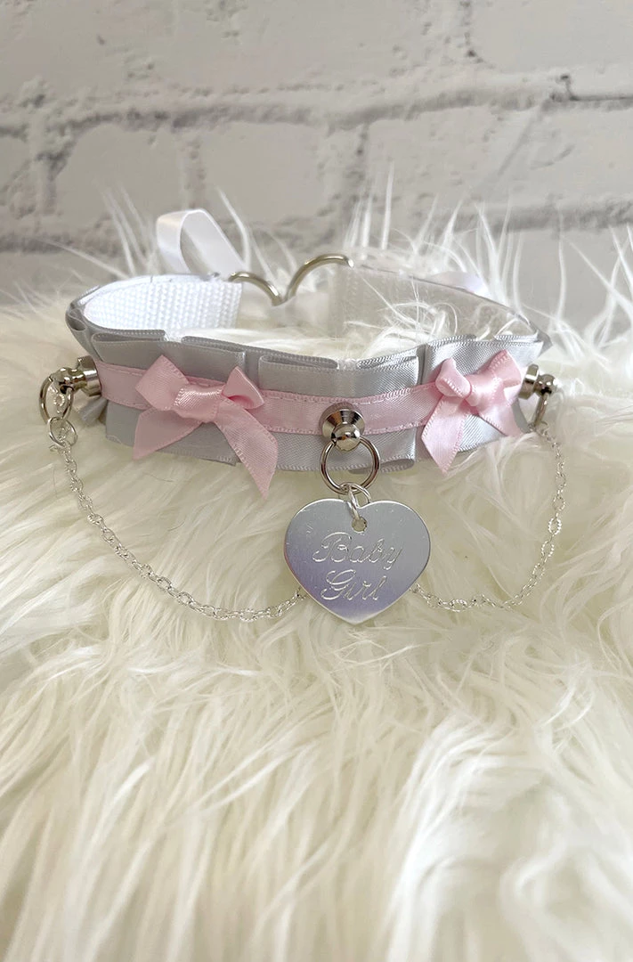 Mystic Treasure Grey And Pink Ribbon BDSM Collar 2 Mystic Treasure Grey And Pink Ribbon BDSM Collar