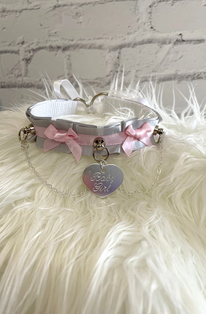 Mystic Treasure Grey And Pink Ribbon BDSM Collar 4 Mystic Treasure Grey And Pink Ribbon BDSM Collar