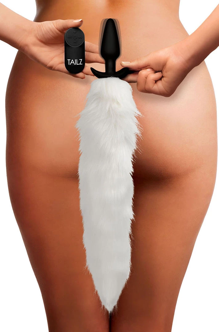 XR Brands Vibrating White Fox Tail Butt Plug 2 XR Brands Vibrating White Fox Tail Butt Plug