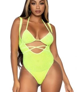 Leg Avenue Neon Yellow Rhinestone Bodysuit And Bikini Top
