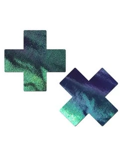 Pastease Brand Pasties What's New Liquid Black Opal Iridescent Cross Heart Pasties