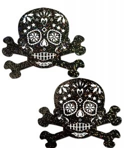 Pastease Brand Pasties Black Glitter Candy Skull & Crossbones Pasties